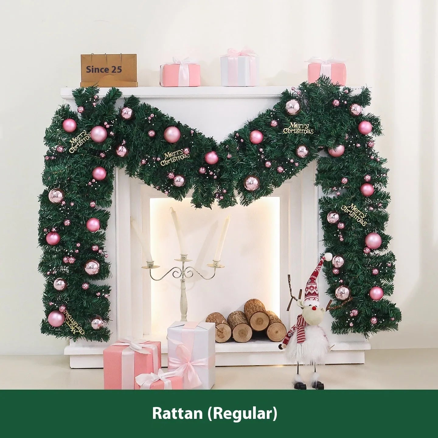 2.7 metre pink artificial rattan Christmas vine decoration with small fruit accents and LED lights