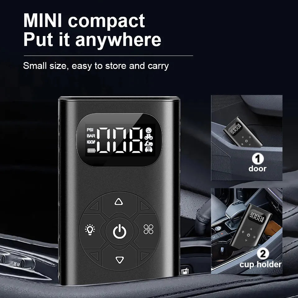 Black portable power bank tyre inflator with USB cable and 16cm hose for cars and bikes