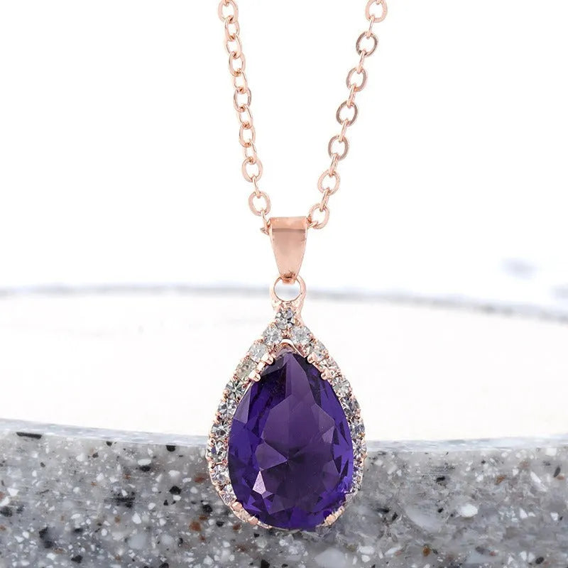 Rose gold drop necklace with rhinestone pendant in pink colour, geometric Japanese Korean style women's jewellery