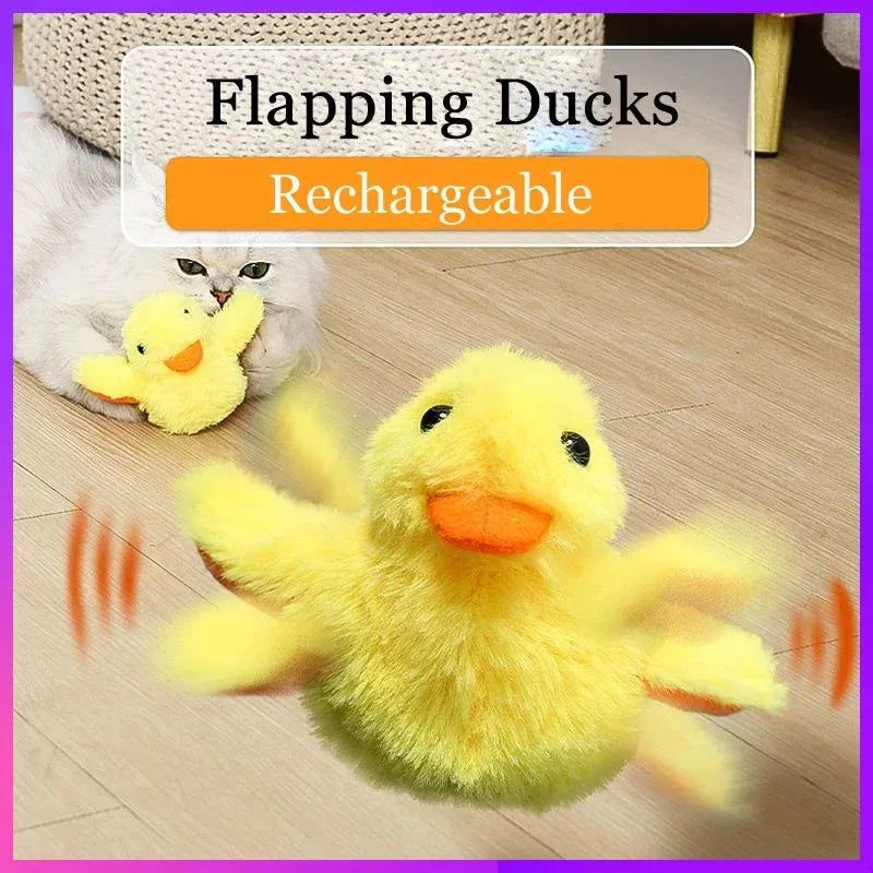 Yellow flapping duck cat toy with chick simulation shape showing vibration sensor and removable plush cover