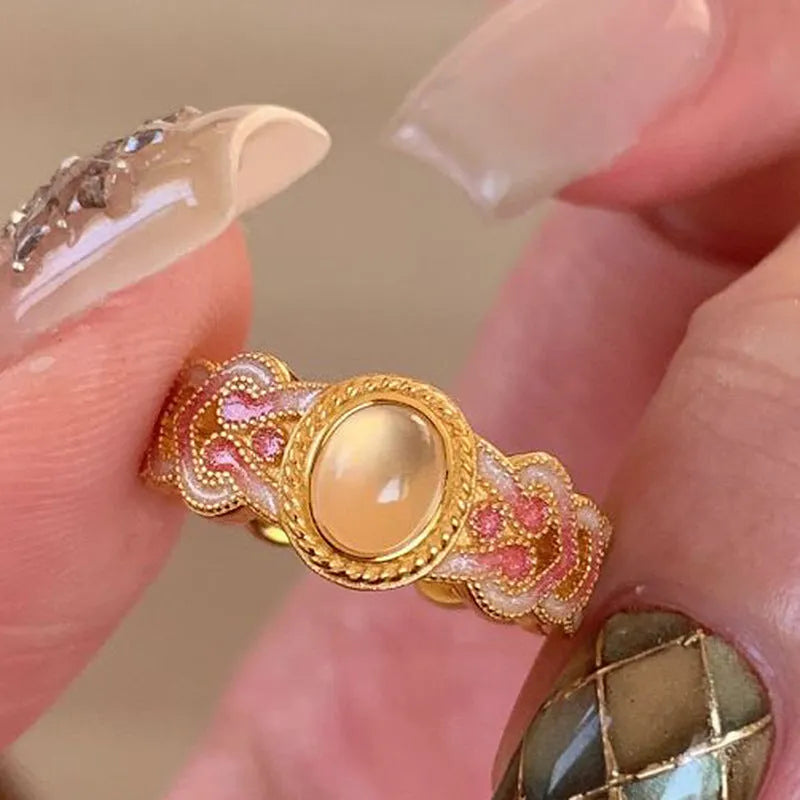 Pink crystal enamel ring with geometric shape and adjustable open mouth design for women