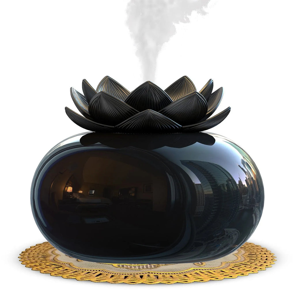 Pure black round lotus aromatherapy humidifier with USB cable and ceramic stone.