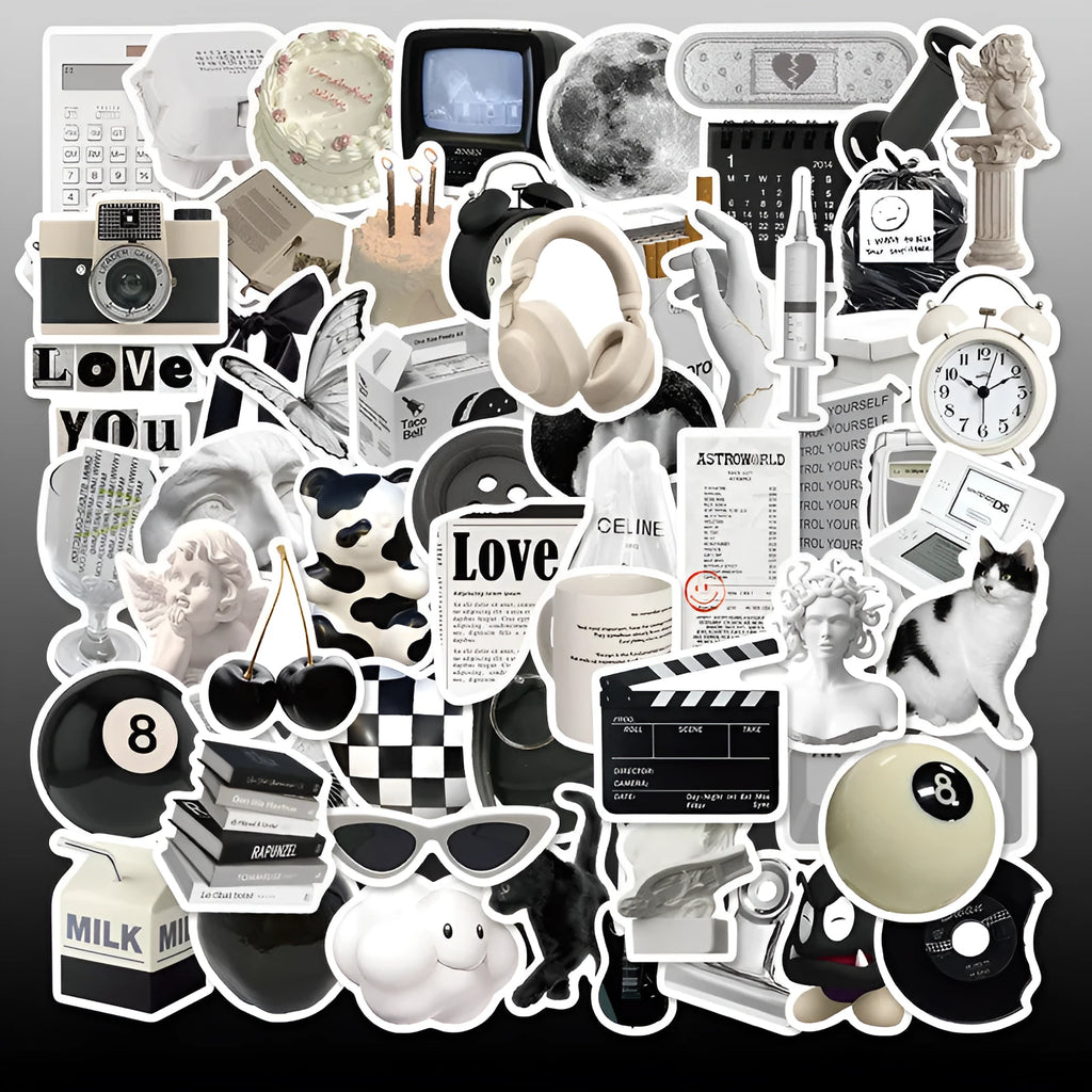 Black and white PVC waterproof stickers with coffee cup designs for laptop and phone decoration