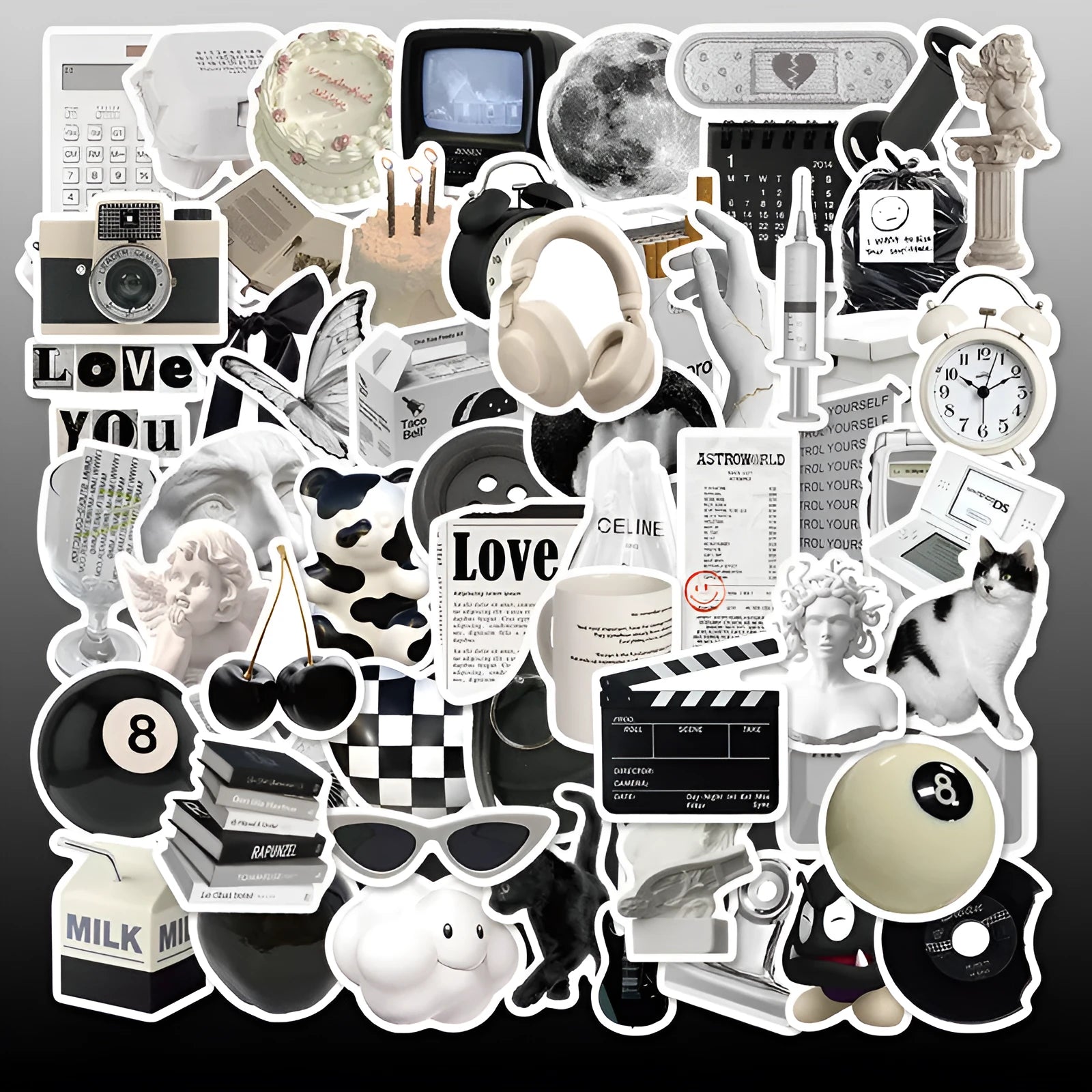 Black and white PVC waterproof stickers with coffee cup designs for laptop and phone decoration