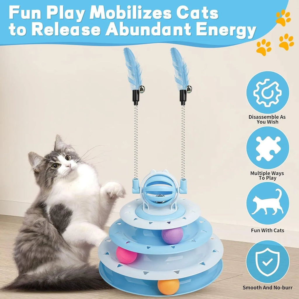 Blue 4-tier interactive cat puzzle toy with balls and teasing rods on a table.