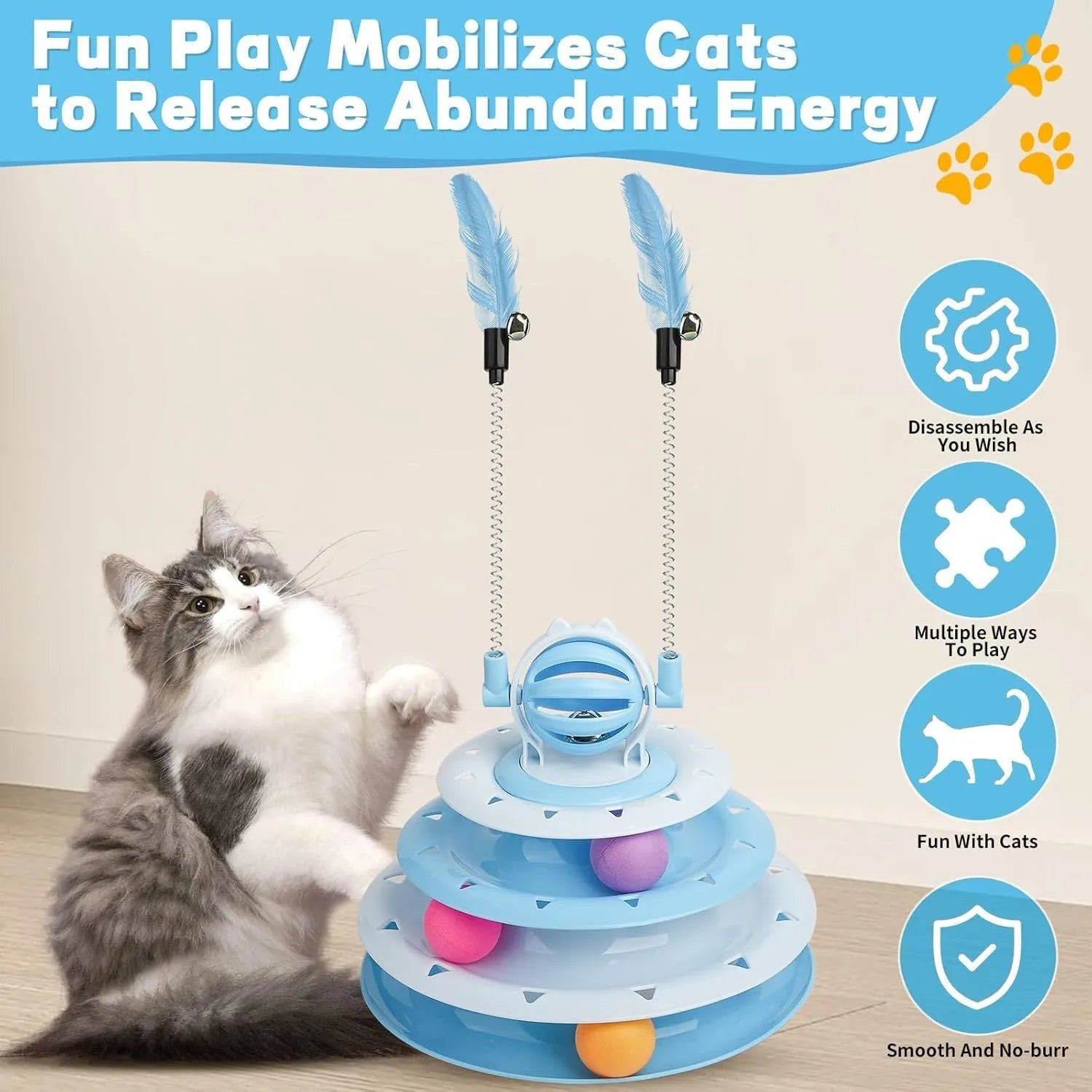 Blue 4-tier interactive cat puzzle toy with balls and teasing rods on a table.