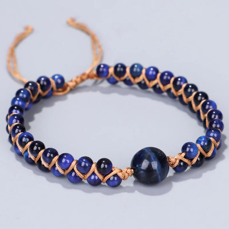 Handmade woven geometric pull bracelet with adjustable cord in blue tigereye or amethyst stone beads