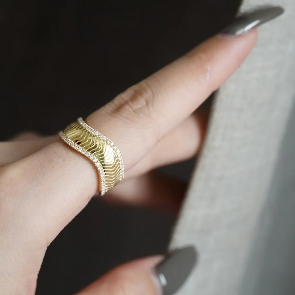 S925 sterling silver geometric yellow gold ring for women, micro inlay finish, on white background