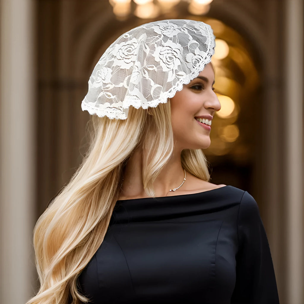 Round white bridal head cover with floral decoration measuring 30cm diameter