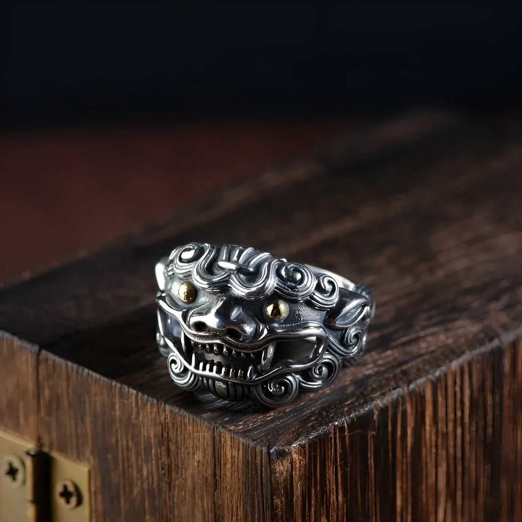 Silver open ring with detailed animal and zodiac modelling in jibeast pattern, retro style