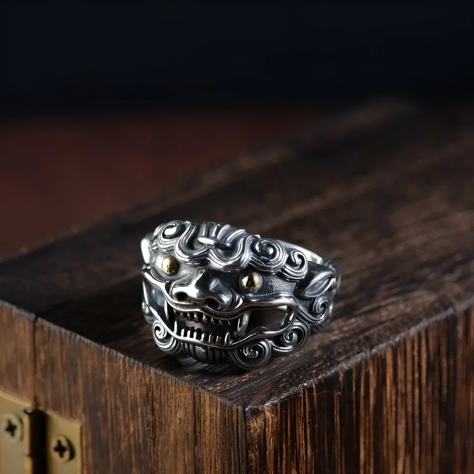 Silver open ring with detailed animal and zodiac modelling in jibeast pattern, retro style