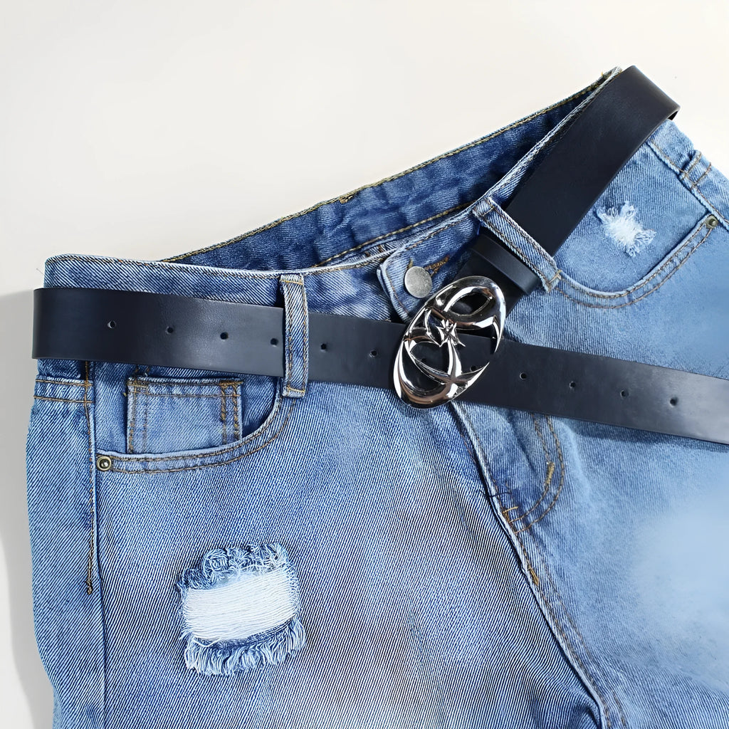 Silver buckle PU leather casual belt with snap button fastening, shown flat