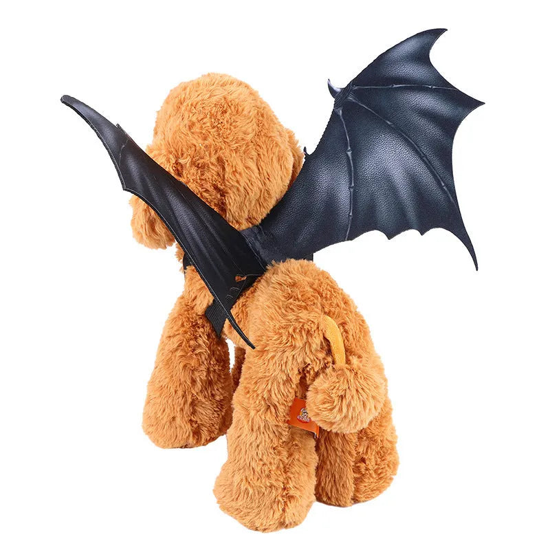 Black cloth bat wings pet Halloween costume showing three wing size options for dogs and cats