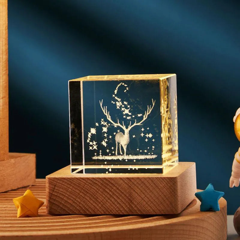 3D crystal cube night lamp with warm light and glass lampshade, available in 40mm and 60mm sizes