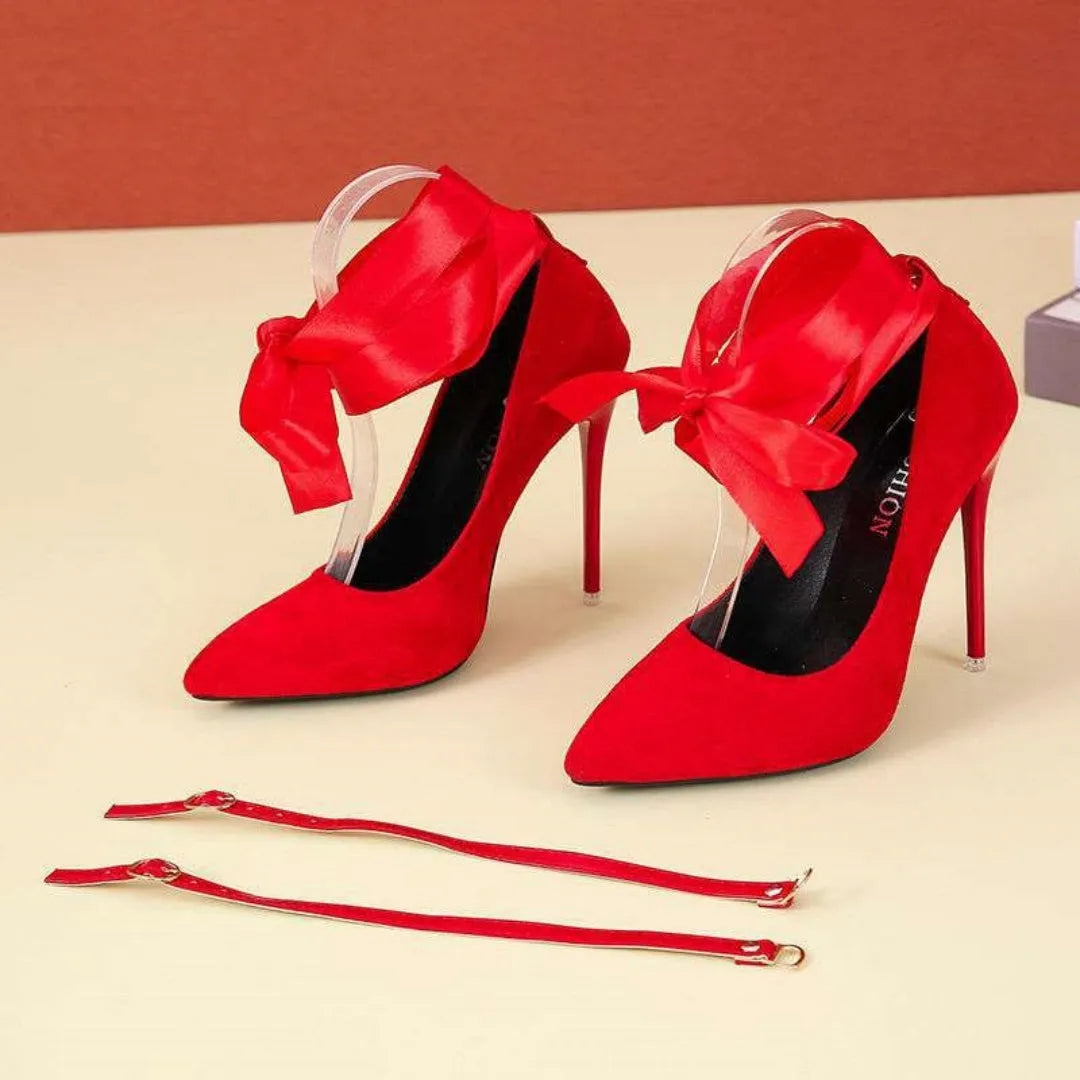 Women's black high heel shoes with pointed toe and fabric strap, 12cm heel