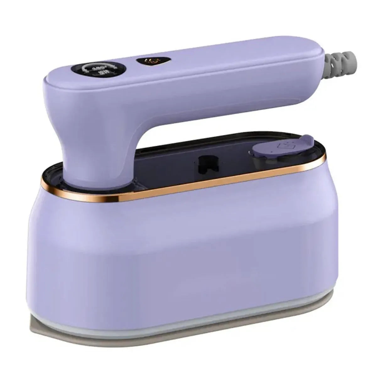 Foldable portable ironing machine with ceramic baseplate in milky white colour showing plug options