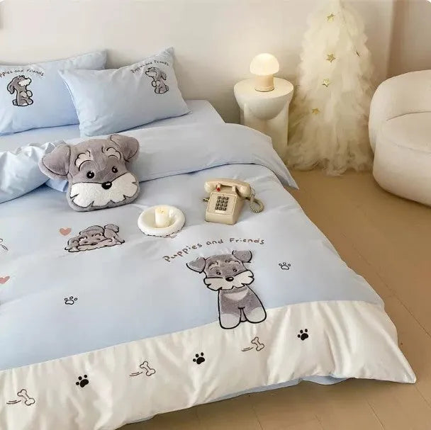 Cute Schnauzer dog cartoon pattern on a light blue thickened cotton quilt cover and matching pillowcases.
