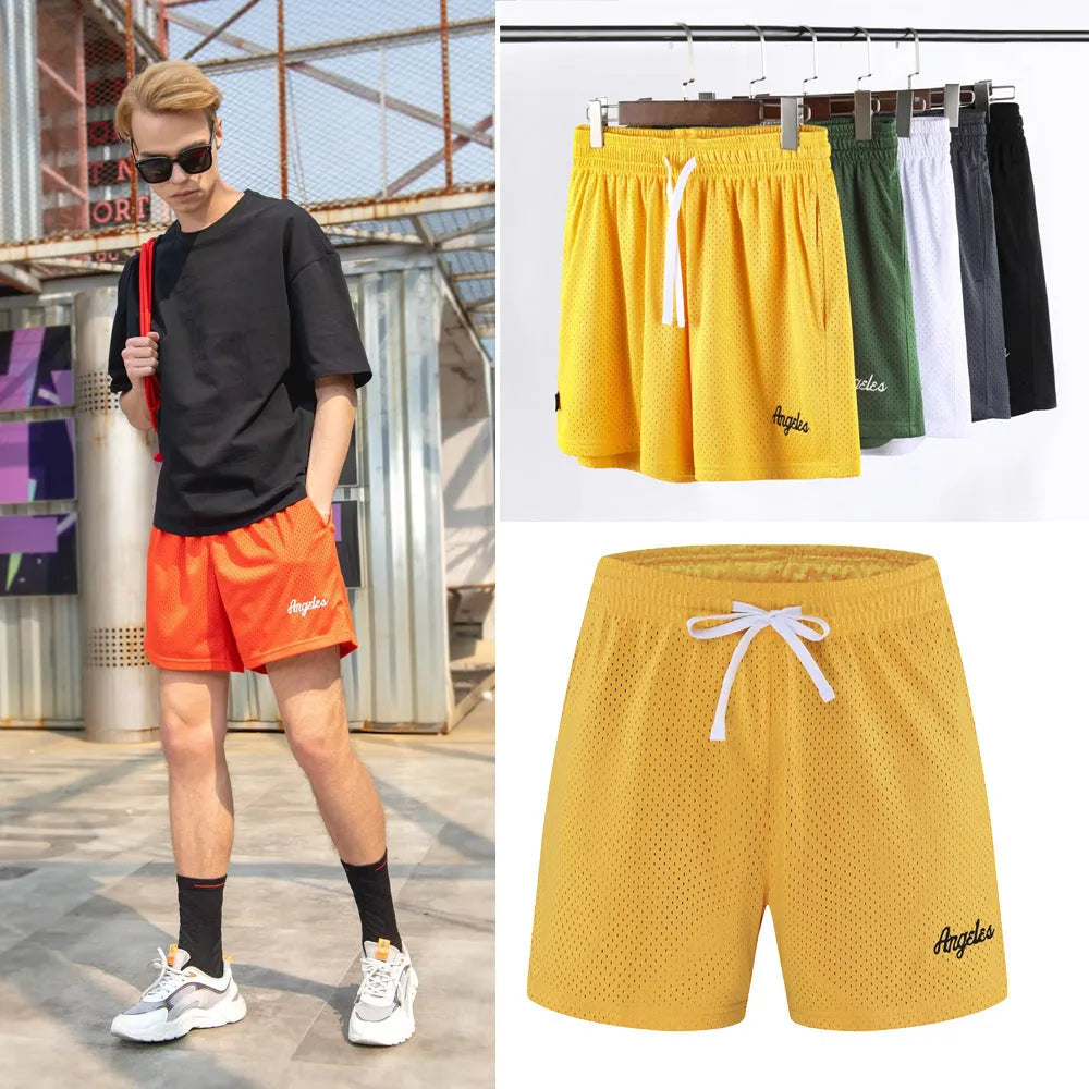 Men's black double layer mesh sports shorts made from polyester fabric for summer athletic wear.
