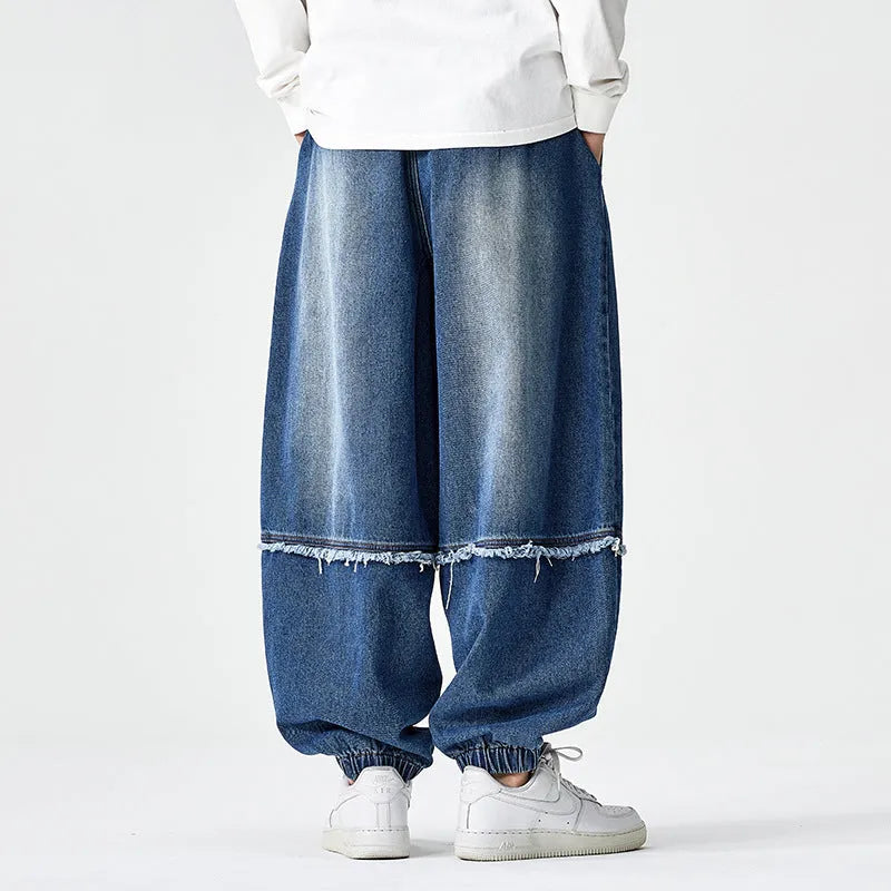 Large size Japanese Hong Kong style retro loose harem bloomers in cotton denim, low waist drawstring, black colour