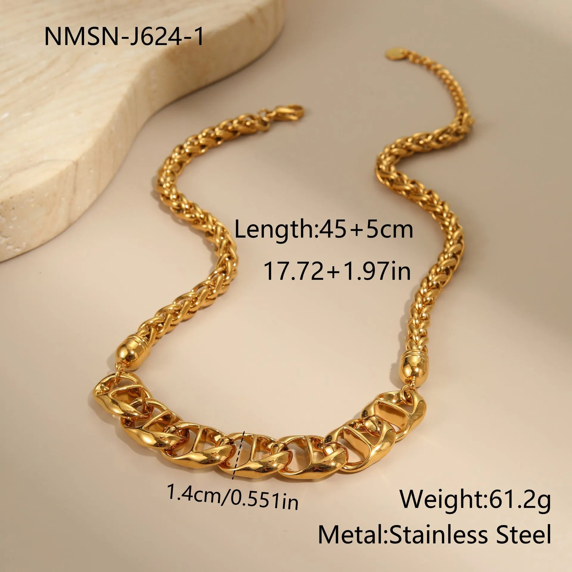 Gold electroplated stainless steel necklace with geometric pendant on regular chain