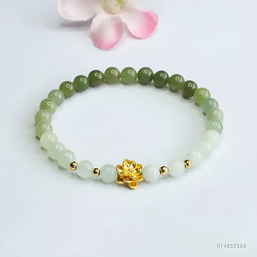 Hand-woven national style bracelet with natural Hetian jade gradient beads in floral pattern design