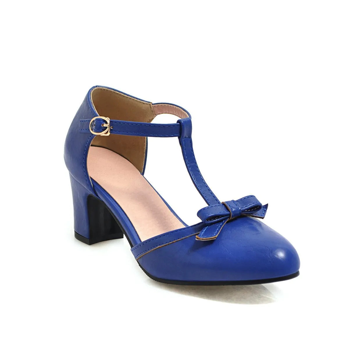 Women's chunky heel sandals with hollow-out design and decorative bow in solid colour with buckle strap
