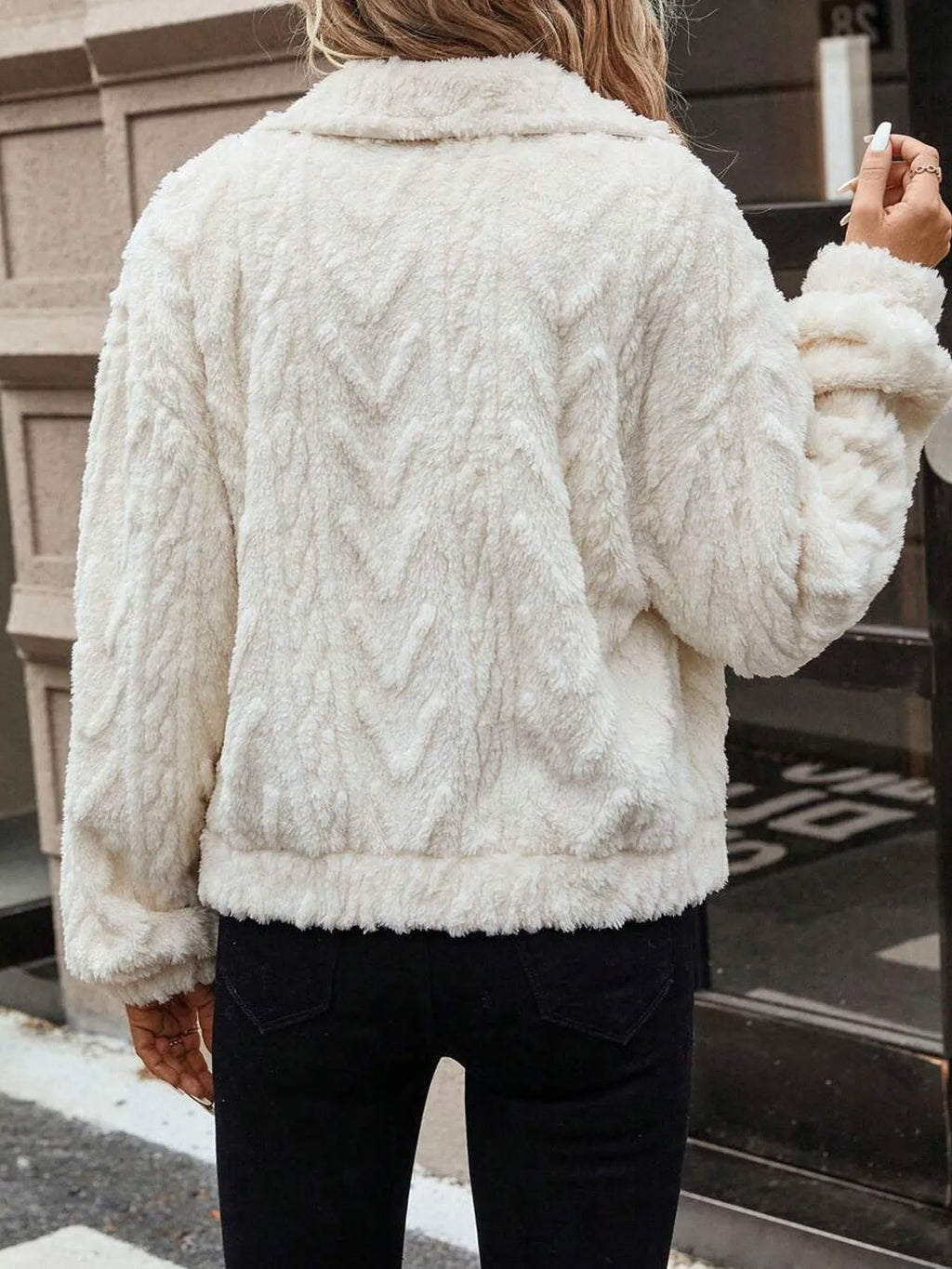 Women's ivory white double-sided plush button cardigan with long sleeves and medium thickness