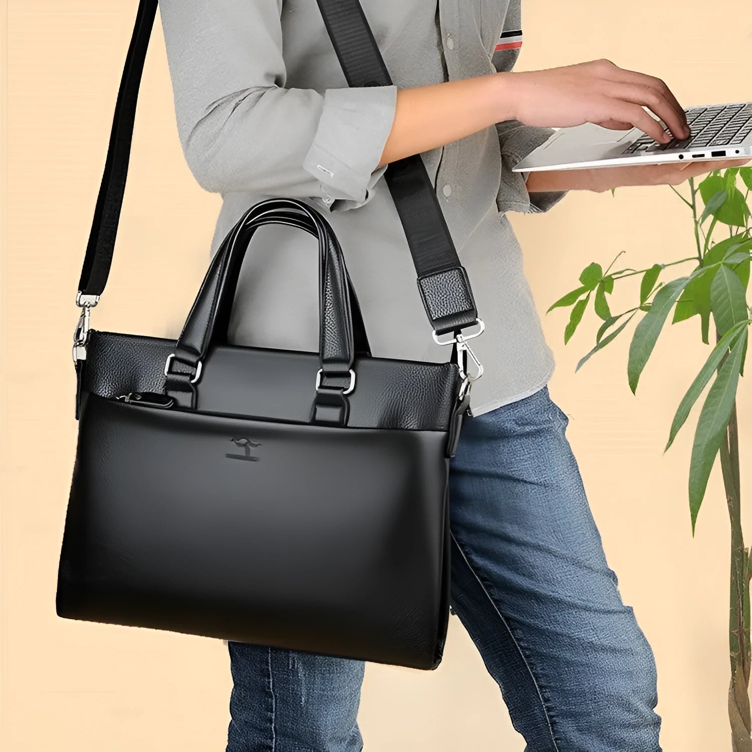 Men's PU leather business messenger bag with splicing detail, measuring 35x30x4cm