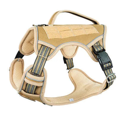 Black Oxford cloth tactical chest strap for a large search and rescue working dog.