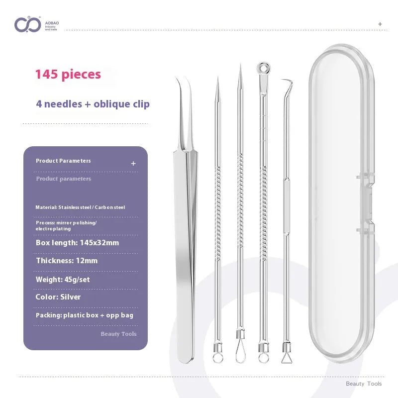 Four-piece silver metal acne needle set with fine-pointed needles and a clip for skin blemish removal.