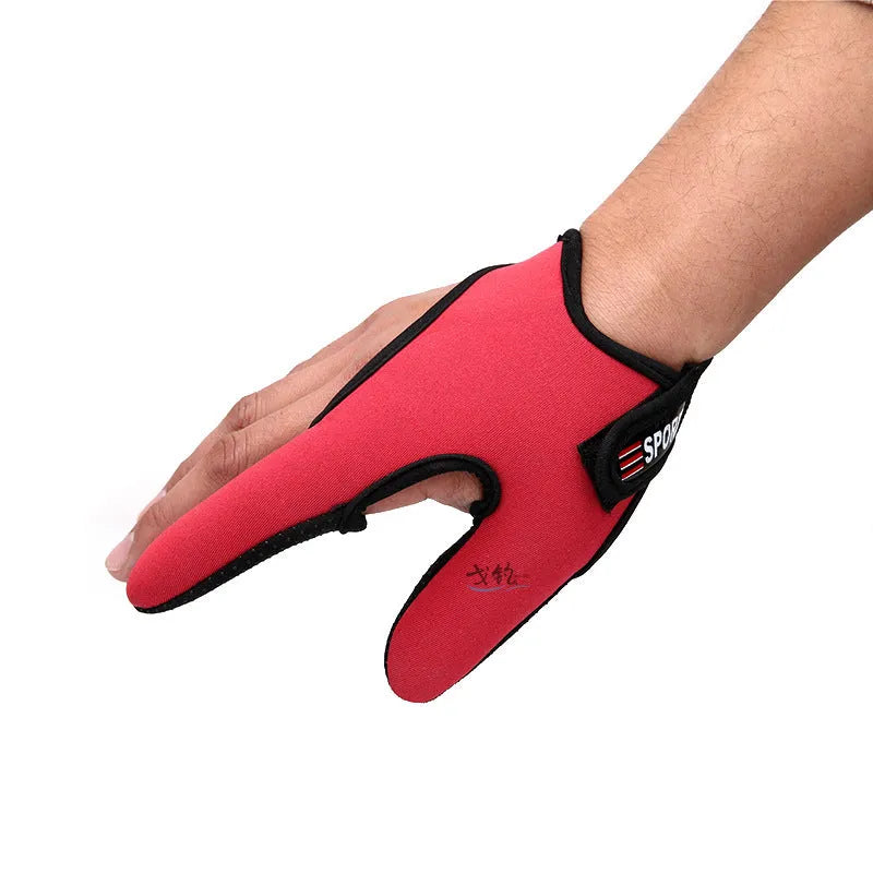 Two-finger fishing glove showing diving cloth back and microfiber palm, available in multiple colour options