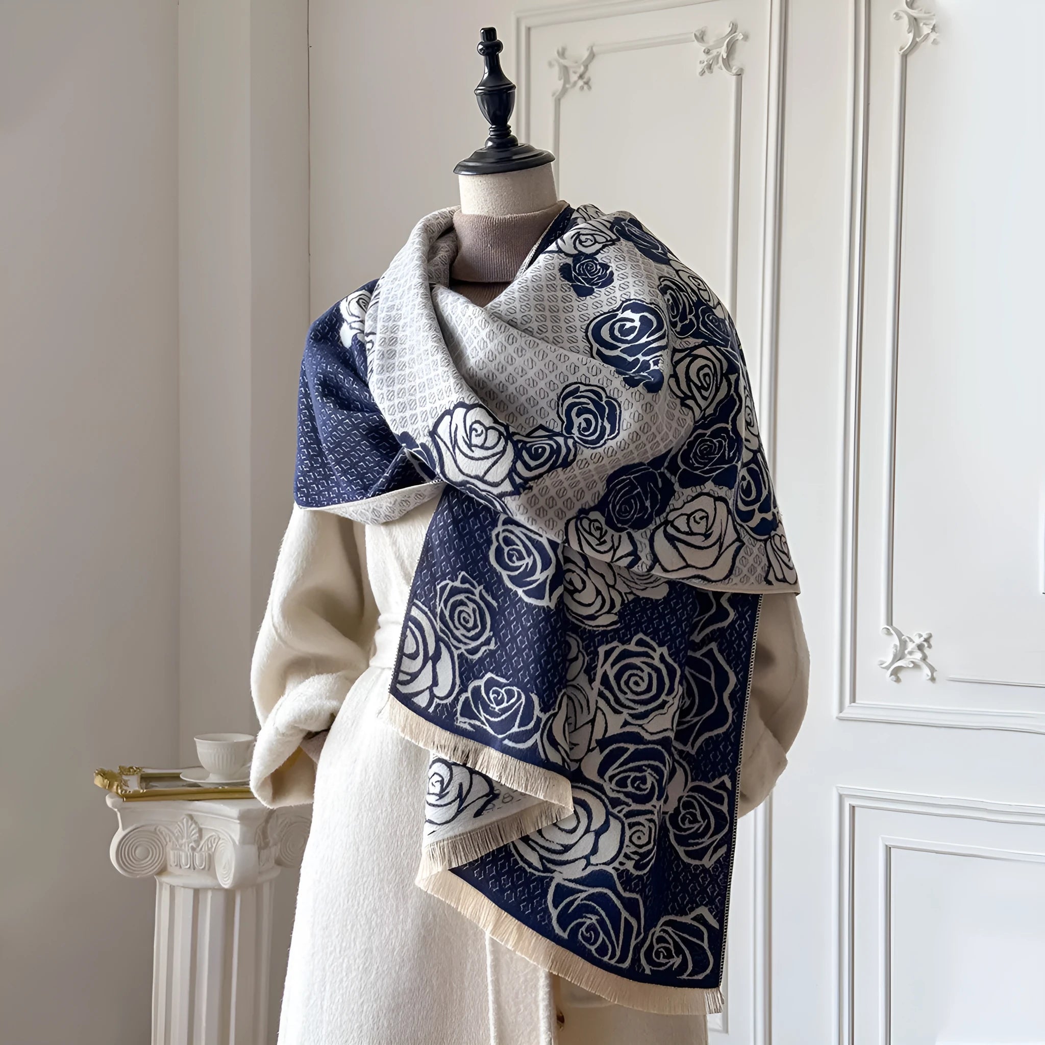 185cm imitation cashmere winter scarf with tassels in black, blue, gray, or khaki colours