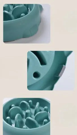 Green pet slow feeder bowl with raised bone-shaped obstacles inside to slow down eating.