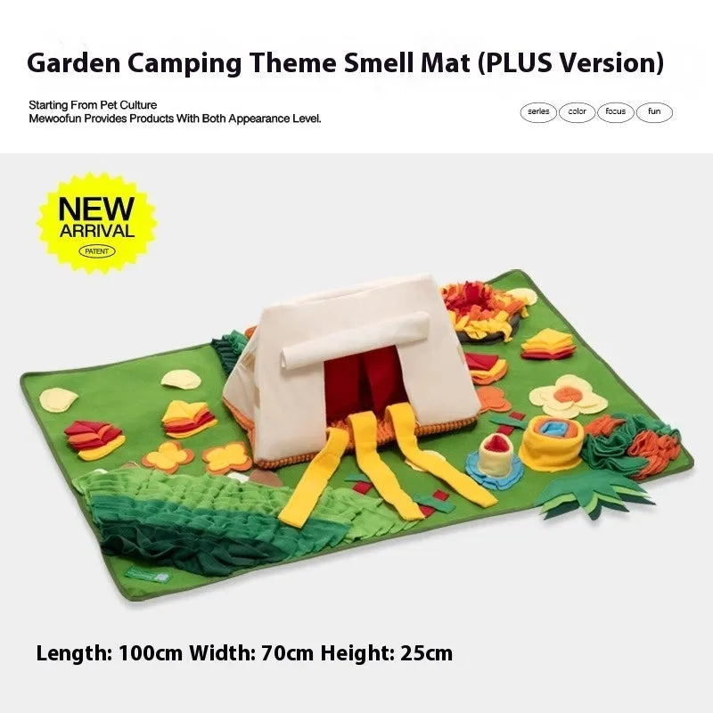 Fabric dog sniffing mat with printed garden camping theme pattern for hiding treats.