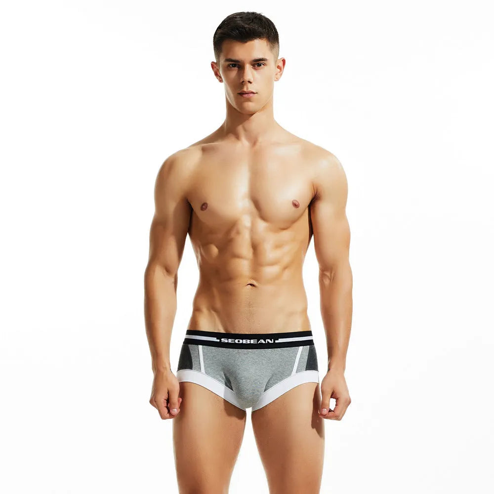 Men's cotton boxers in red, dark blue and light grey colours showing low waist design