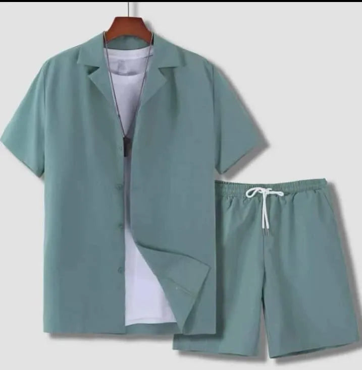 Men's Cuban collar sport suit with short sleeve top and matching shorts in lightweight polyester fabric