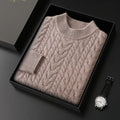 Men's wool sweater with half turtleneck and cable knit, thick yarn pullover in beige on a plain background