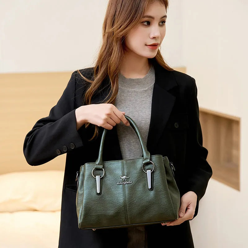 Women's large capacity crossbody soft leather bag in PU material, horizontal square shape, with sandwich zipper pocket, available in multiple colours