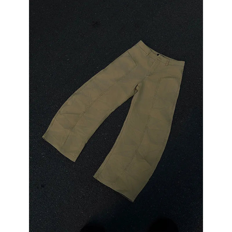 Men's khaki coloured straight-leg cotton casual trousers laid flat