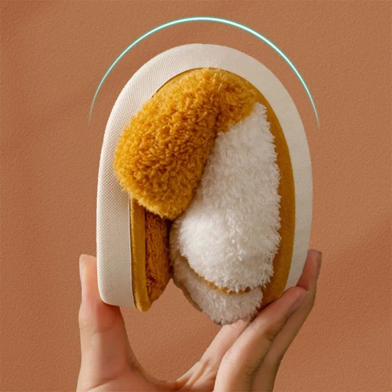 Furry paw slippers in caramel colour, suede upper with closed-toe Baotou style, non-slip PVC sole for indoor use