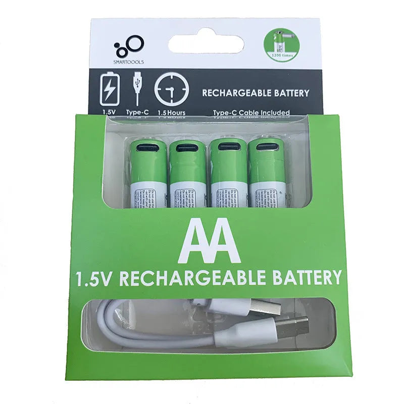 AA and AAA rechargeable lithium batteries with USB charging cable and indicator light