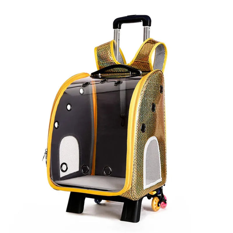 Transparent pet trolley bag with folding design and shoulder strap for small dogs