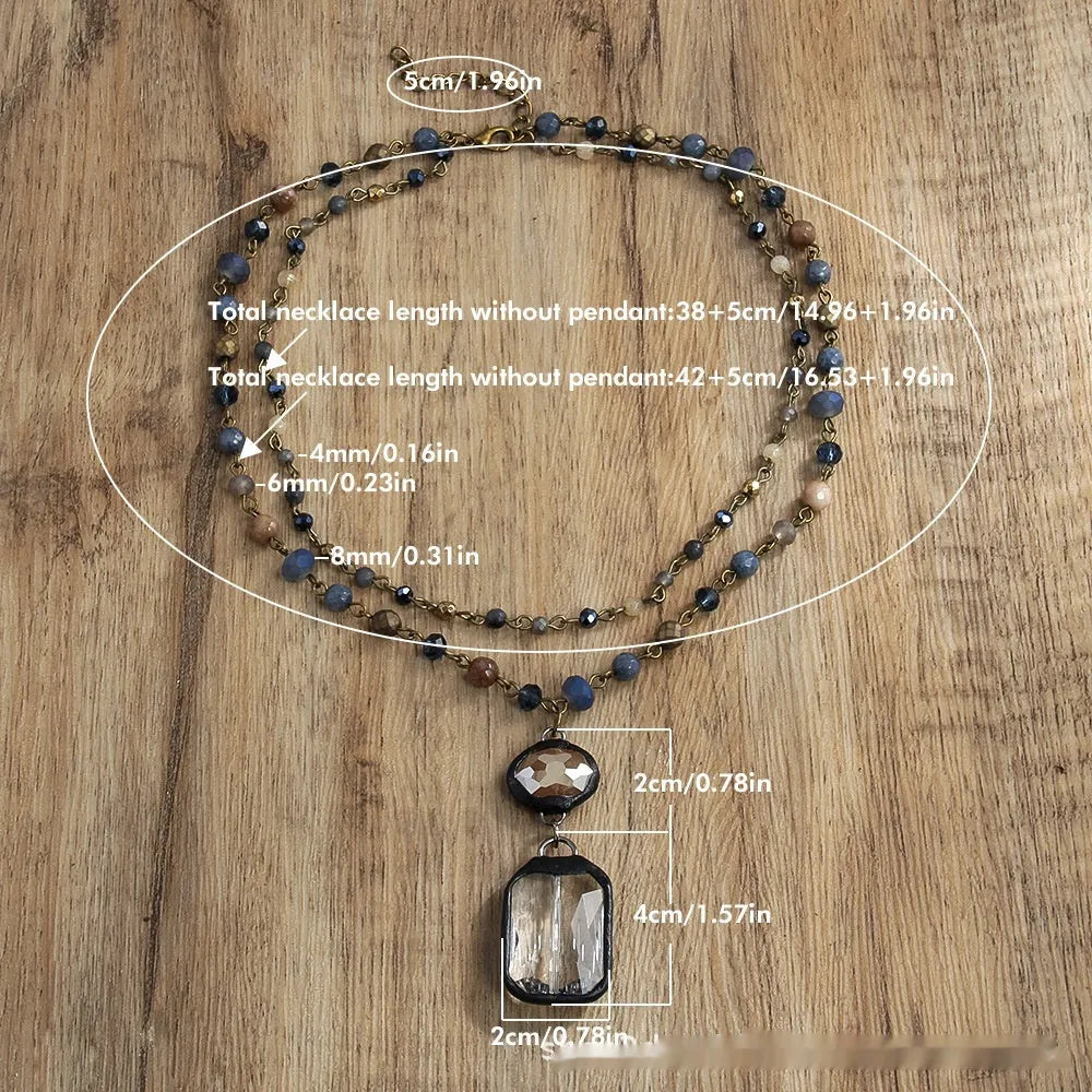 Two-layer tribal necklace with glass pendant and natural stones on adjustable 31-40cm chain
