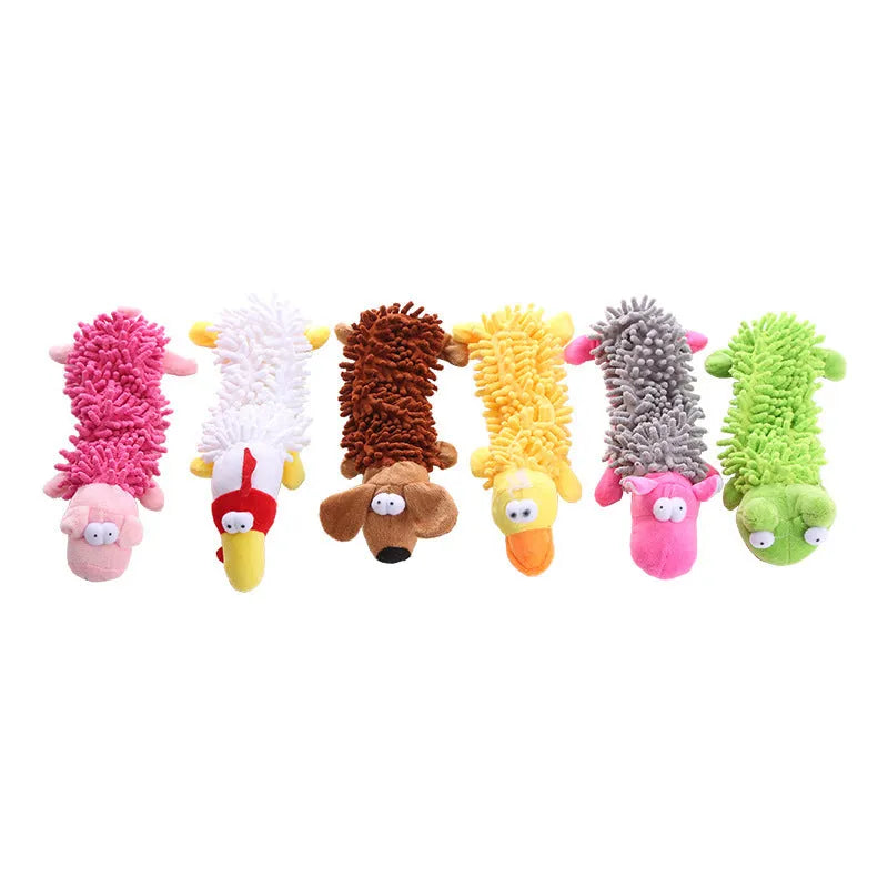 Brown dog design microfiber plush molar toy for horses shown beside pink pig version
