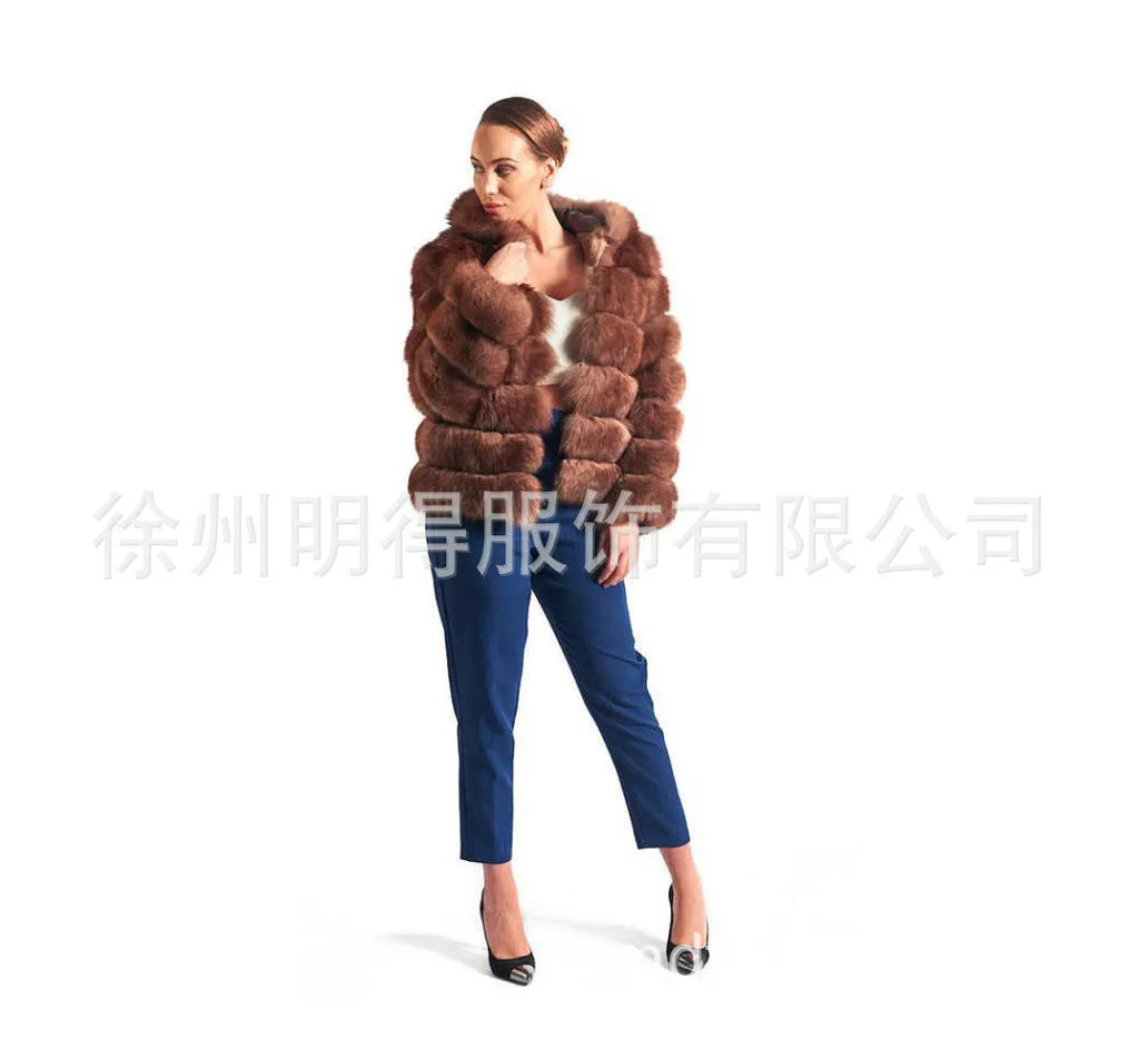Women's artificial fur hooded coat in street fashion style with 65cm medium length