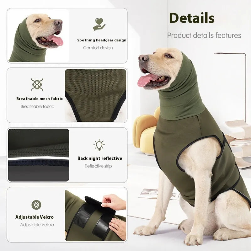 Dog wearing army green anti-anxiety jacket for mood soothing