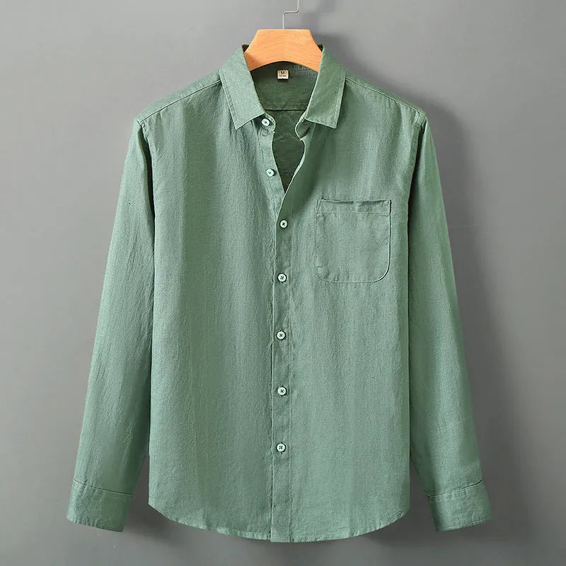Chinese style linen cardigan shirt with long sleeves in solid colour