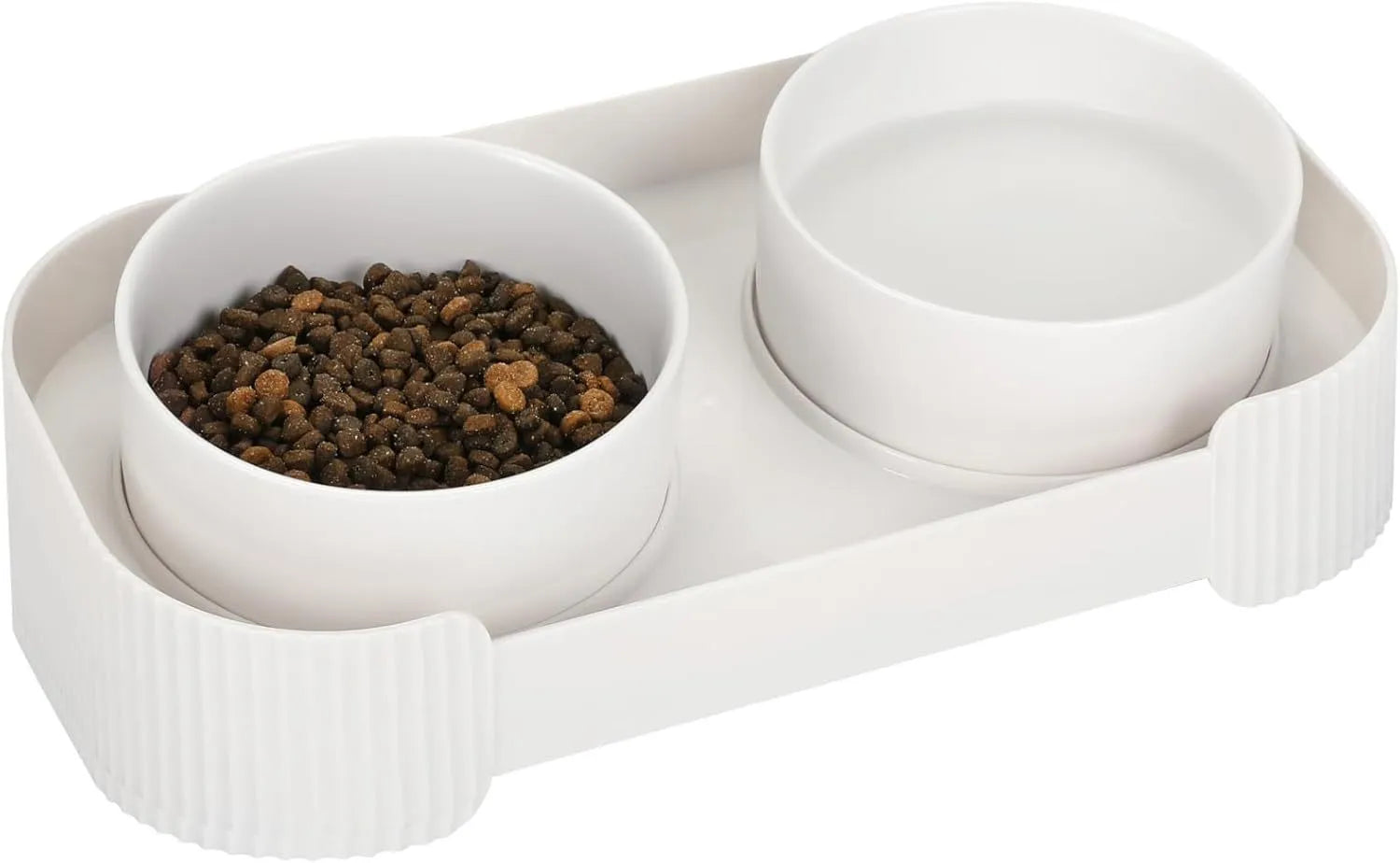 Green ceramic raised cat bowls on a tilted stand for anti-vomiting feeding