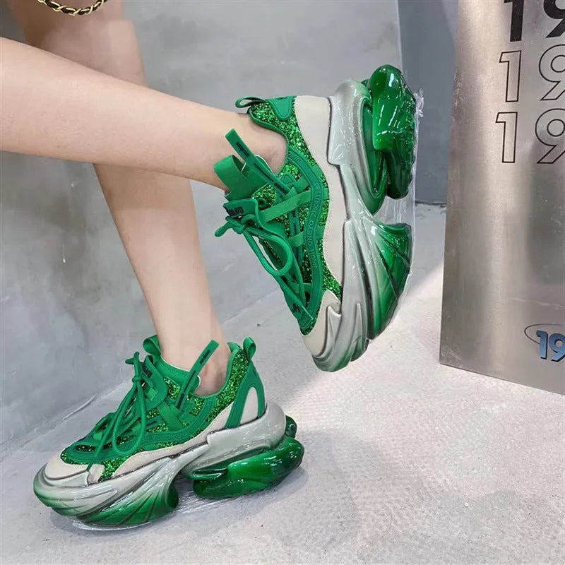 Women's green leather casual sports shoes with jelly detailing and white cross-tie lacing