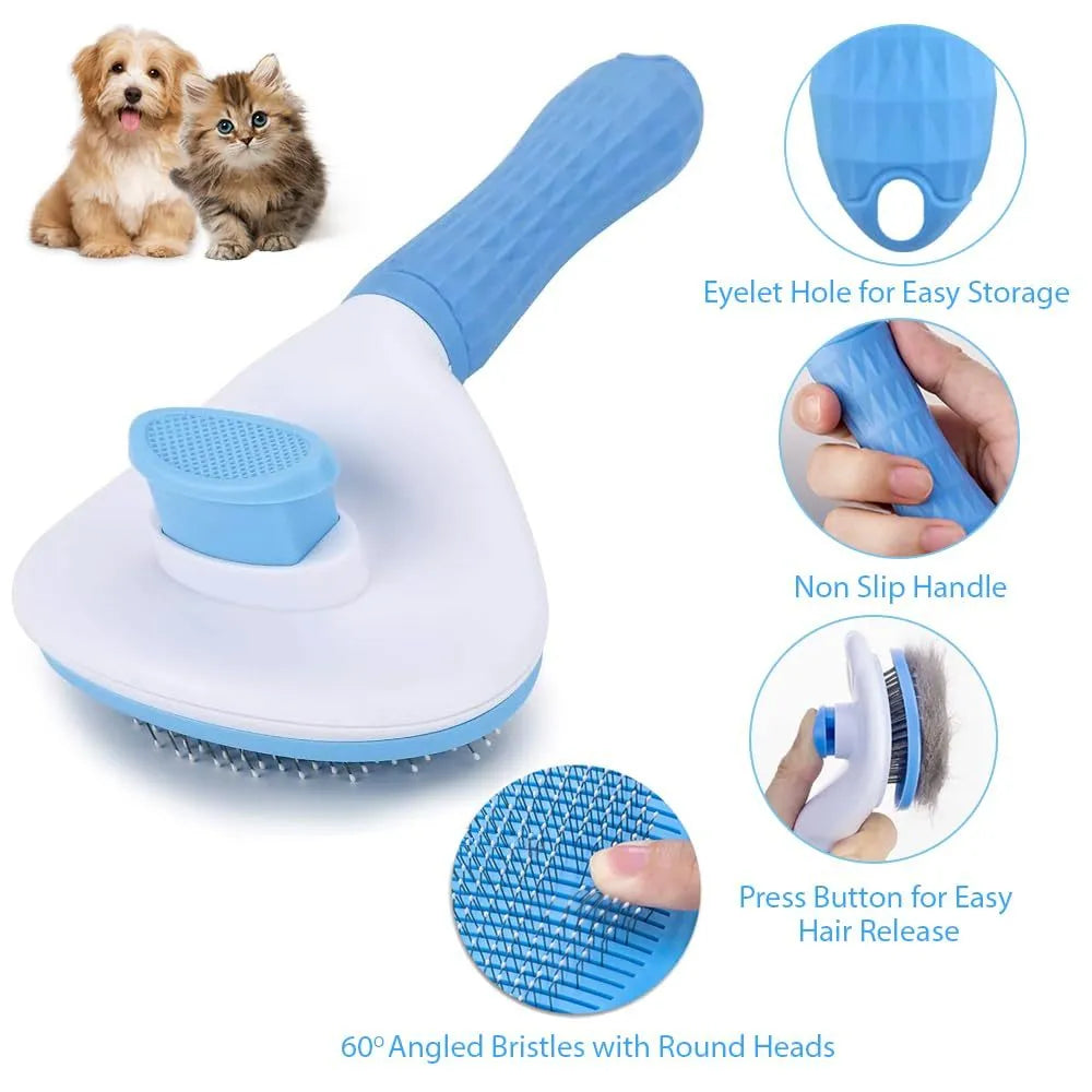 Cat grooming brush with a release button, featuring fine wire bristles, shown in blue colour.
